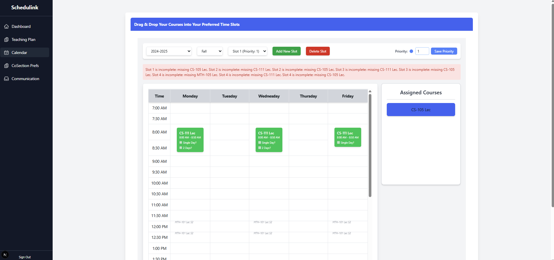 ICS Scheduler weekly calendar view showing color-coded course blocks across time slots